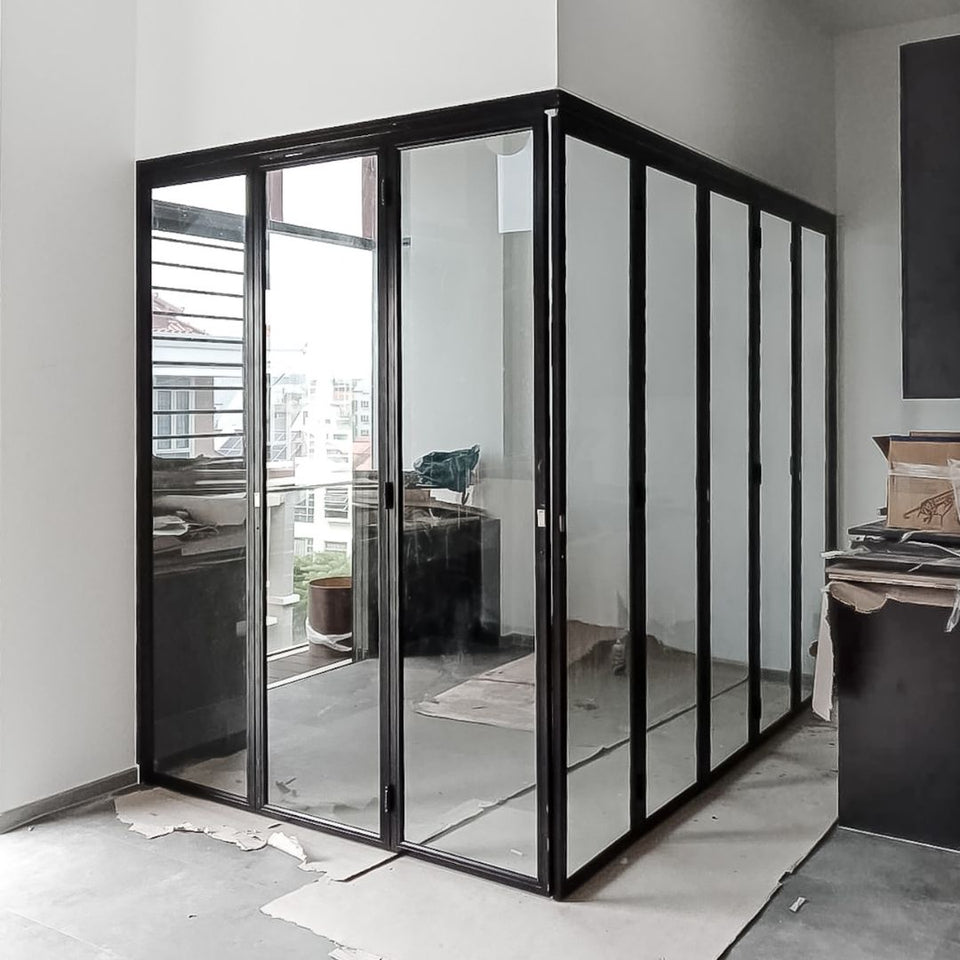 Singapore Contractor Wellmax Metal Works - Powdercoated Mild Steel (aluminium available) Folding Doors as partition with clear glass (HDB / Landed / Commercial Property Renovation Idea); Igloohome and Samsung Digital Lock Bundle