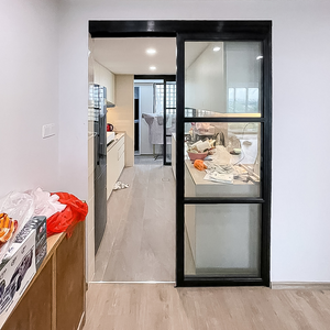 Singapore contractor Wellmax Metal’s Aluminium / Mild Steel Clear Glass Top Track Sliding Door with Lattices (HDB / Landed / Commercial Property Renovation Design Ideas); Igloohome and Samsung Digital Lock Bundle